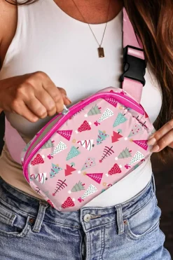 Clearance Dear-Lover Christmas Tree Print Buckle Wide Strap Sling Bag Pink
