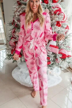 Hot Dear-Lover Christmas Tree Print V Neck Buttoned Pullover and Drawstring Pants Lounge Set Pink