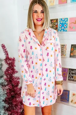 Hot Dear-Lover Christmas Twinkle Tree Print Shirt Sleep Dress Pink