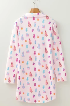 Hot Dear-Lover Christmas Twinkle Tree Print Shirt Sleep Dress Pink