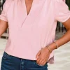 Fashion Dear-Lover Collared V Neck Puff Sleeve T-shirt Pink