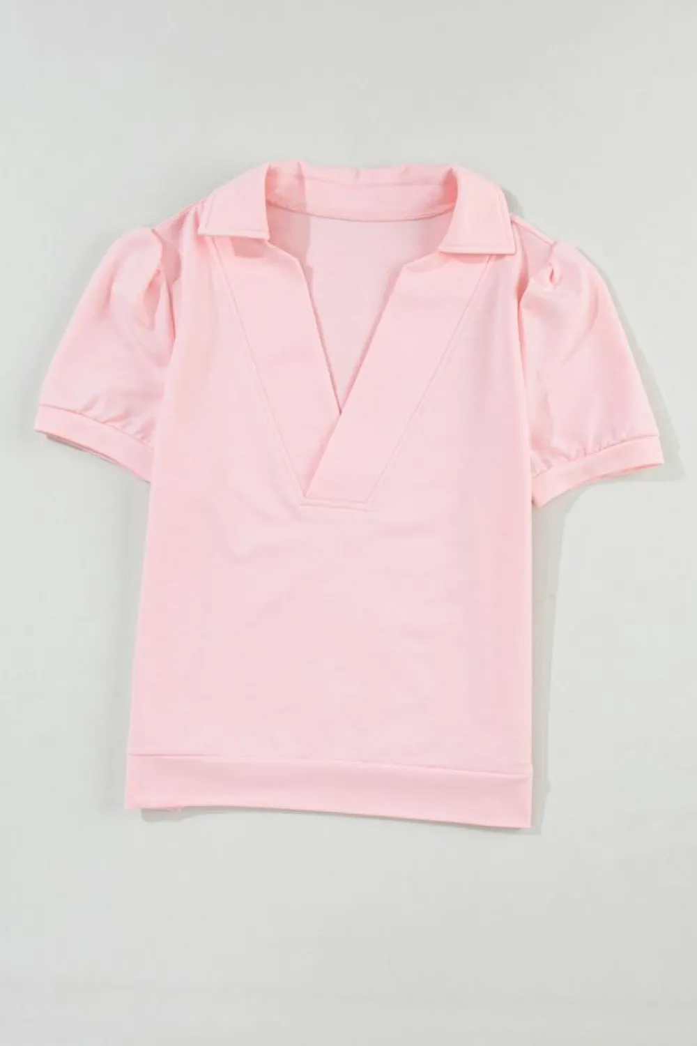 Fashion Dear-Lover Collared V Neck Puff Sleeve T-shirt Pink