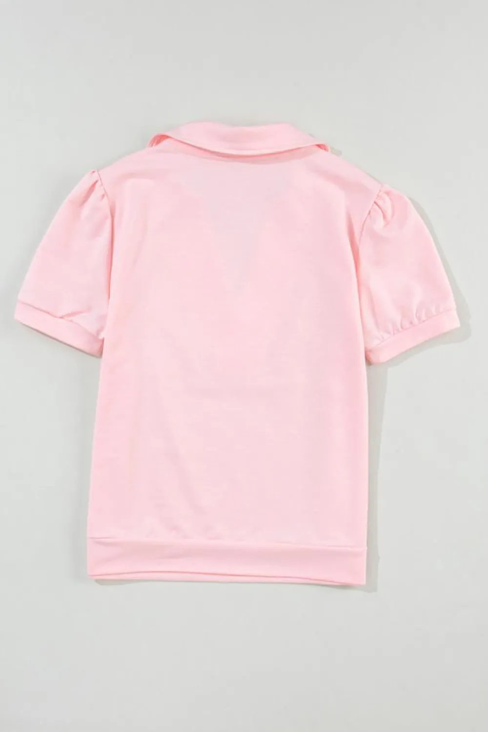 Fashion Dear-Lover Collared V Neck Puff Sleeve T-shirt Pink