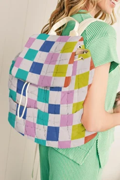 Hot Dear-Lover Color Block Checkered Quilted Flap Large Backpack Pink