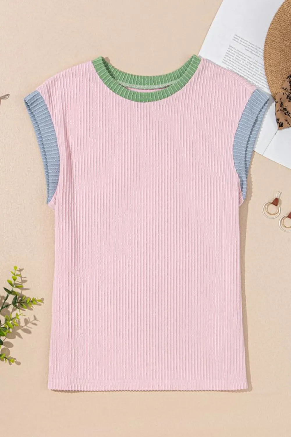 Sale Dear-Lover Color Block Corded Knit Crew Neck Tee Pink