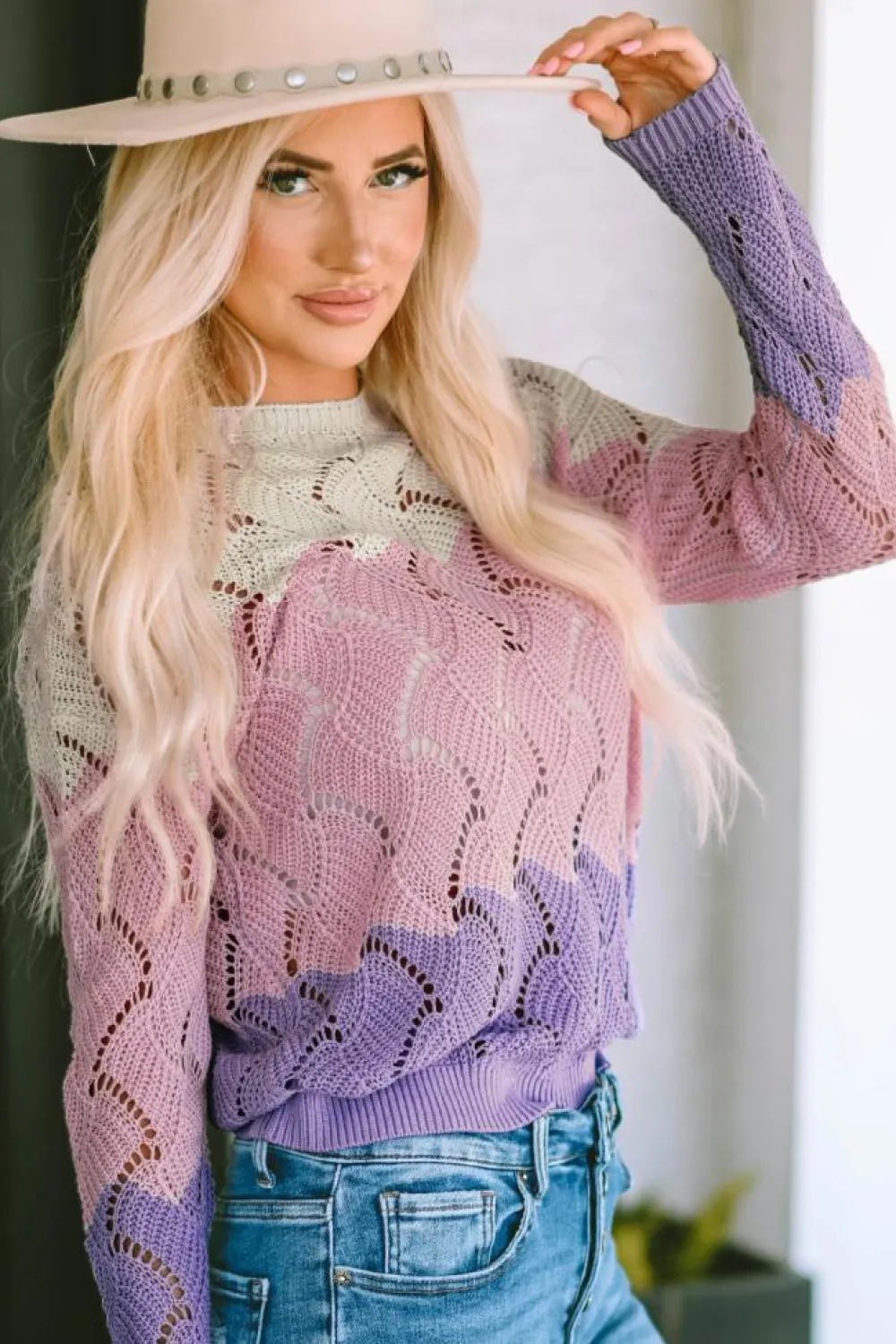Outlet Dear-Lover Color Block Hollow Knitted Loose Sweater Pink