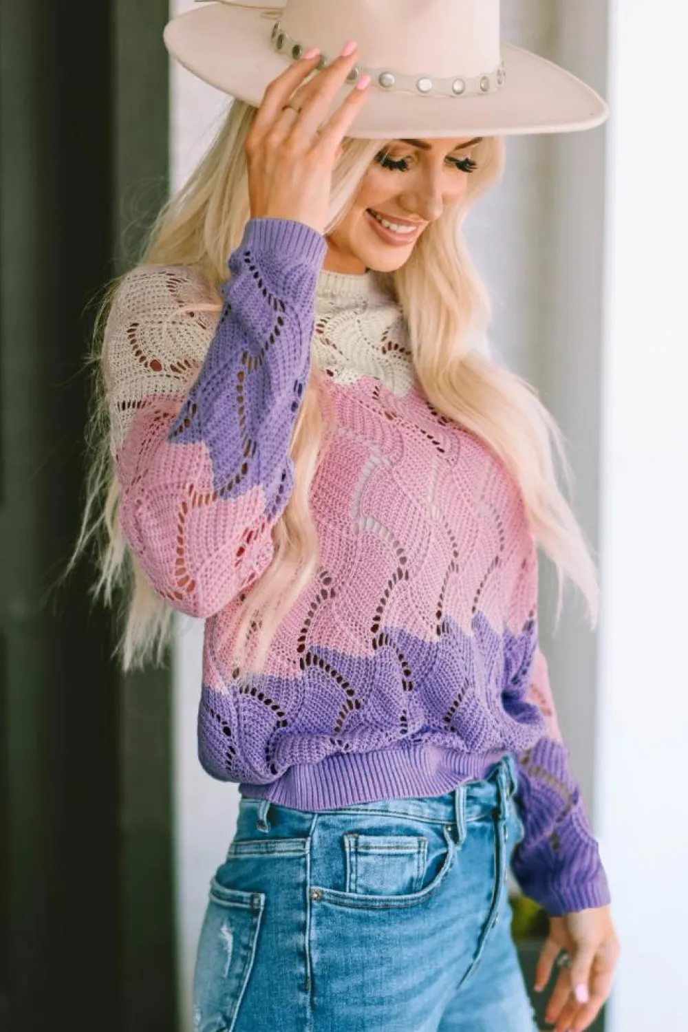 Outlet Dear-Lover Color Block Hollow Knitted Loose Sweater Pink