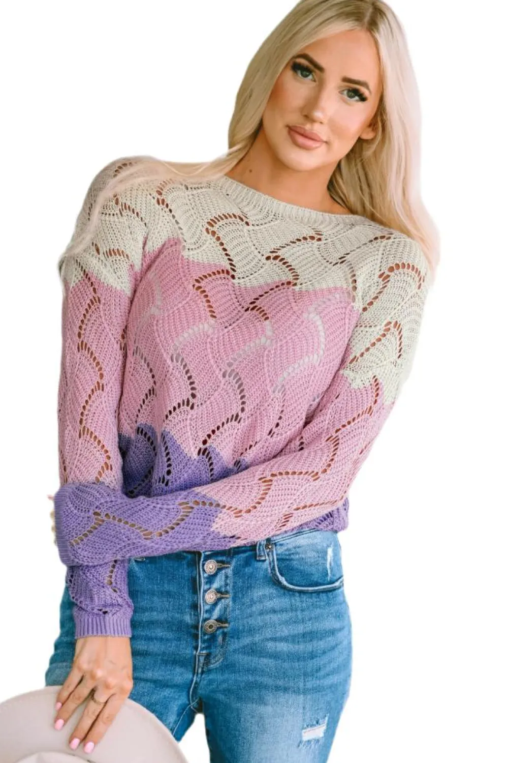 Outlet Dear-Lover Color Block Hollow Knitted Loose Sweater Pink