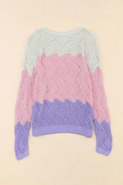 Outlet Dear-Lover Color Block Hollow Knitted Loose Sweater Pink