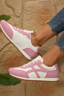 New Dear-Lover Color Block Lace-up PU Leather Sneakers Pink