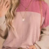 Fashion Dear-Lover Color Block Long Sleeve Ribbed Loose Top Pink