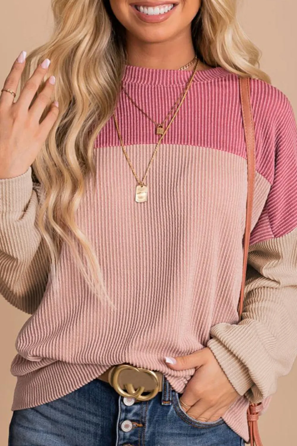 Fashion Dear-Lover Color Block Long Sleeve Ribbed Loose Top Pink