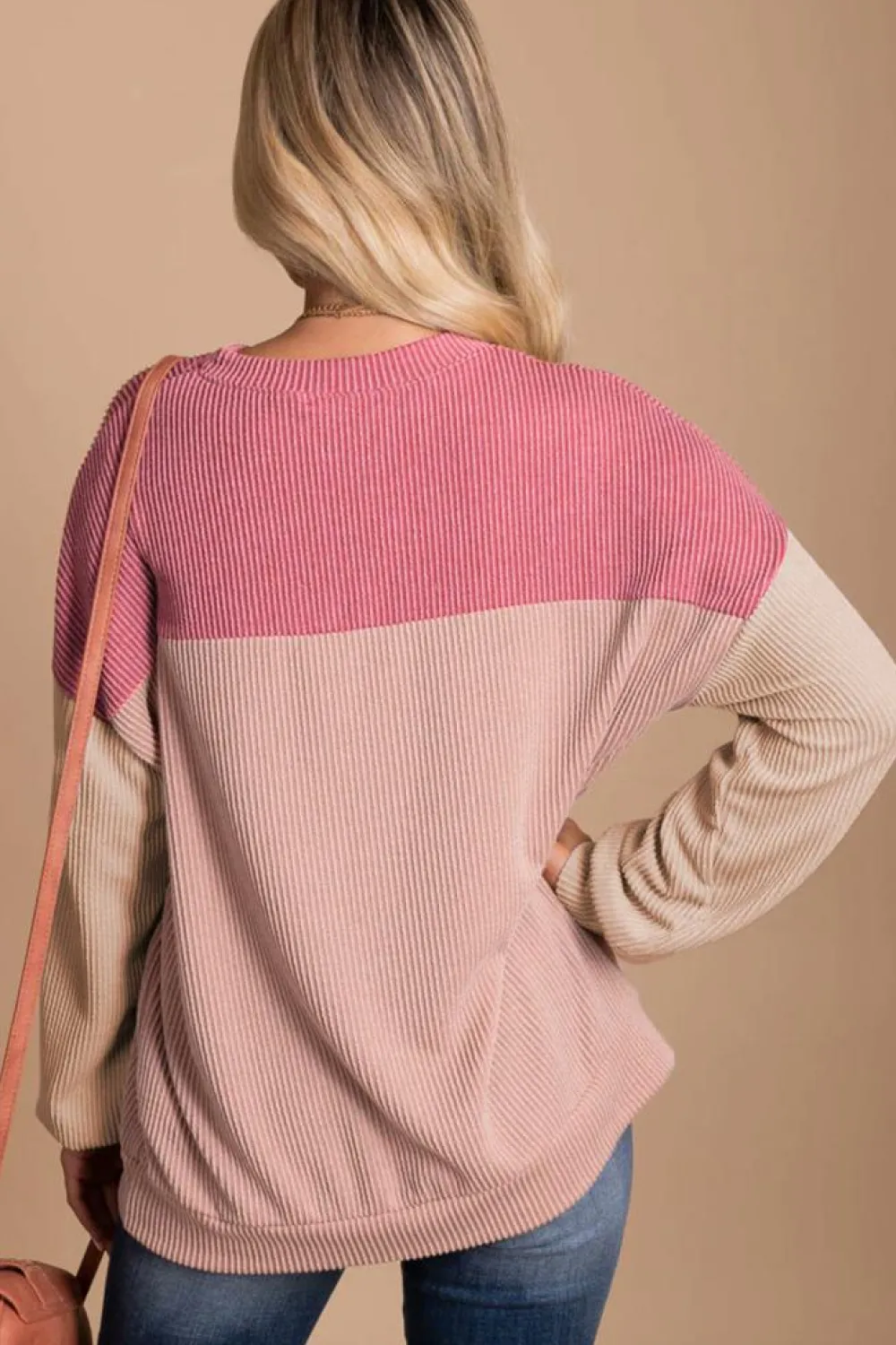Fashion Dear-Lover Color Block Long Sleeve Ribbed Loose Top Pink