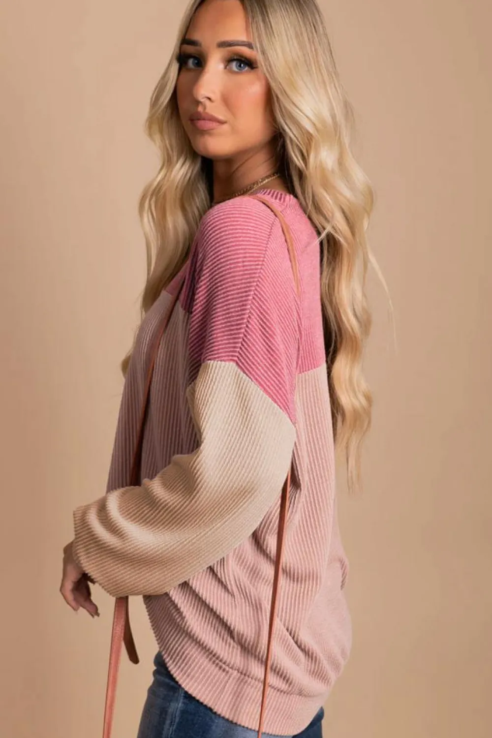 Fashion Dear-Lover Color Block Long Sleeve Ribbed Loose Top Pink