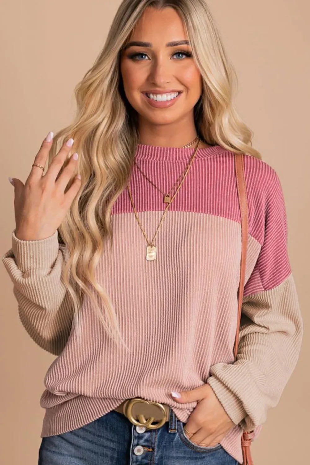 Fashion Dear-Lover Color Block Long Sleeve Ribbed Loose Top Pink