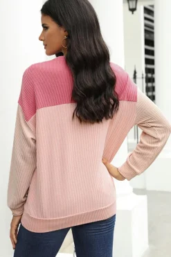Fashion Dear-Lover Color Block Long Sleeve Ribbed Loose Top Pink