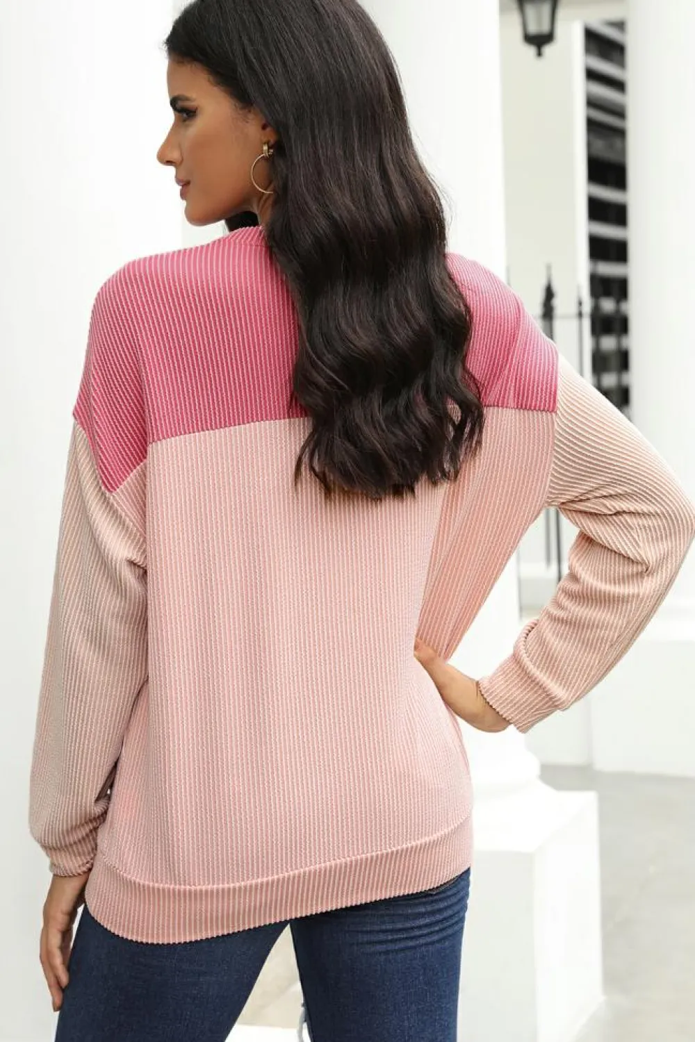 Fashion Dear-Lover Color Block Long Sleeve Ribbed Loose Top Pink