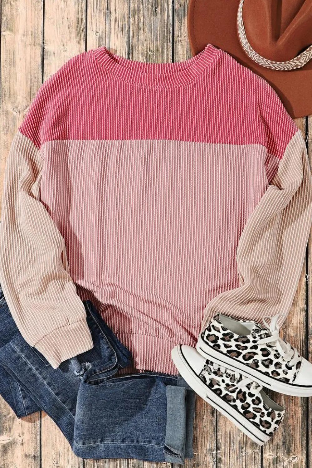 Fashion Dear-Lover Color Block Long Sleeve Ribbed Loose Top Pink