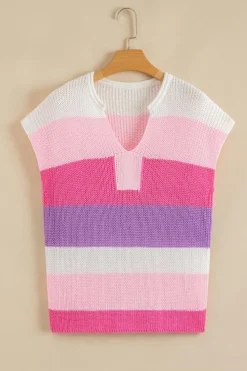 Clearance Dear-Lover Color Block Notch V Neck Sweater T Shirt Pink