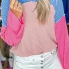 Sale Dear-Lover Color Block Patchwork Corded Knit Loose Fit Hooded Blouse Pink