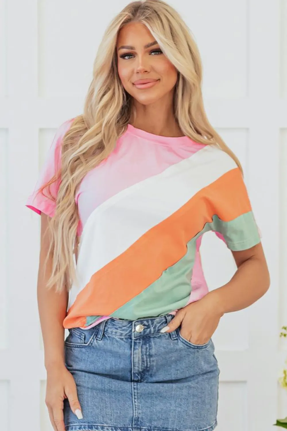 Online Dear-Lover Color Block Patchwork Seamed Crewneck T Shirt Pink