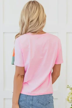 Online Dear-Lover Color Block Patchwork Seamed Crewneck T Shirt Pink