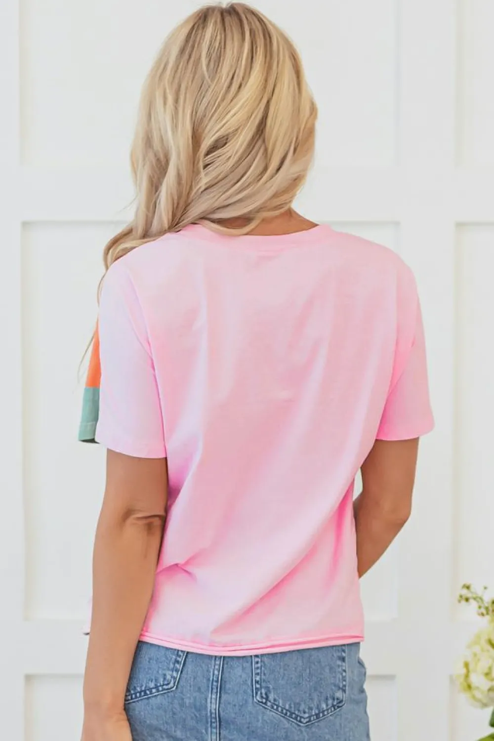 Online Dear-Lover Color Block Patchwork Seamed Crewneck T Shirt Pink