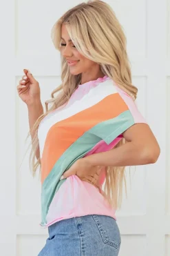 Online Dear-Lover Color Block Patchwork Seamed Crewneck T Shirt Pink