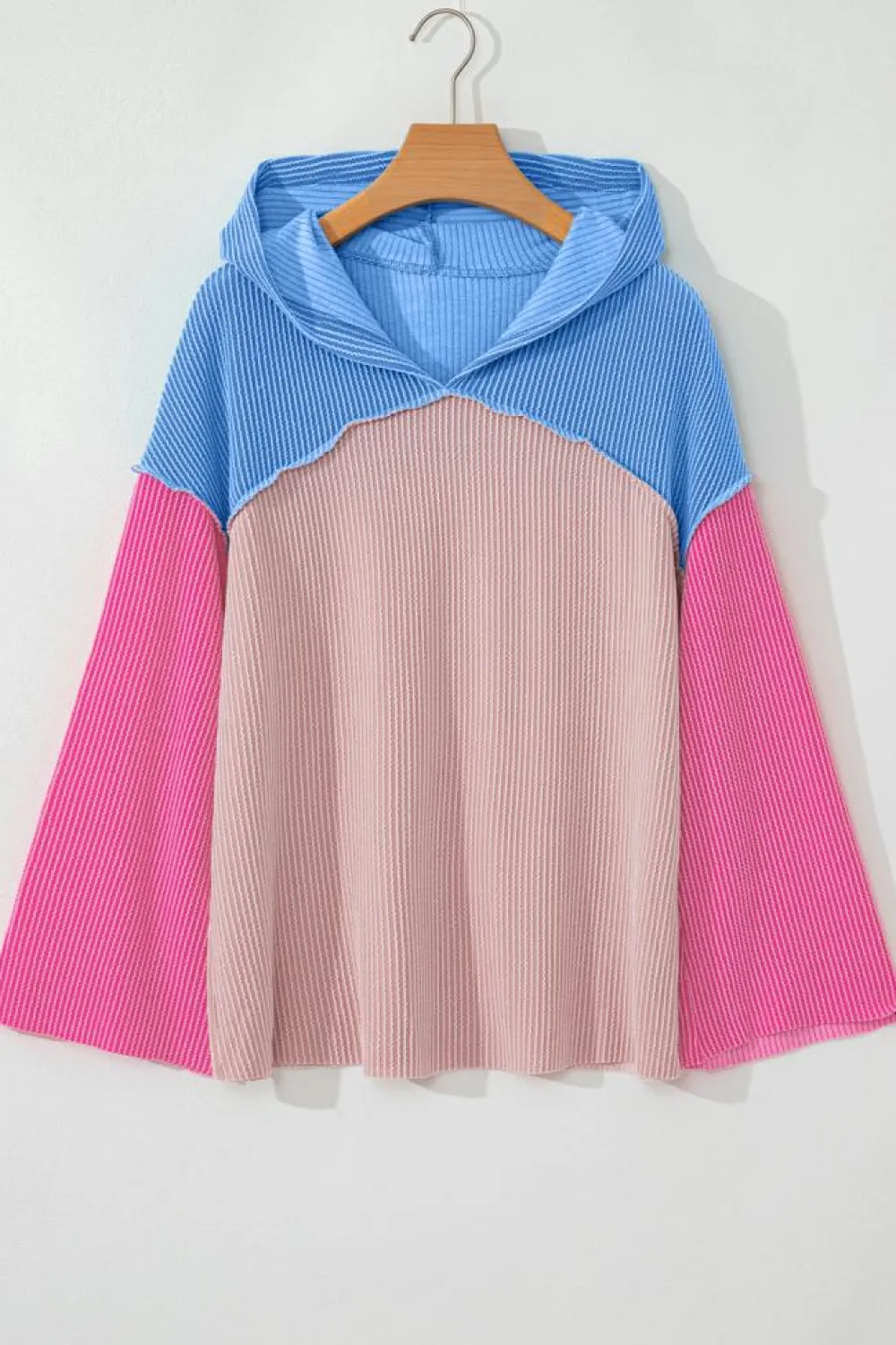 Sale Dear-Lover Color Block Patchwork Corded Knit Loose Fit Hooded Blouse Pink
