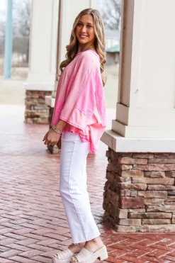 Outlet Dear-Lover Color Block Patchwork 3/4 Sleeve Loose Top Pink