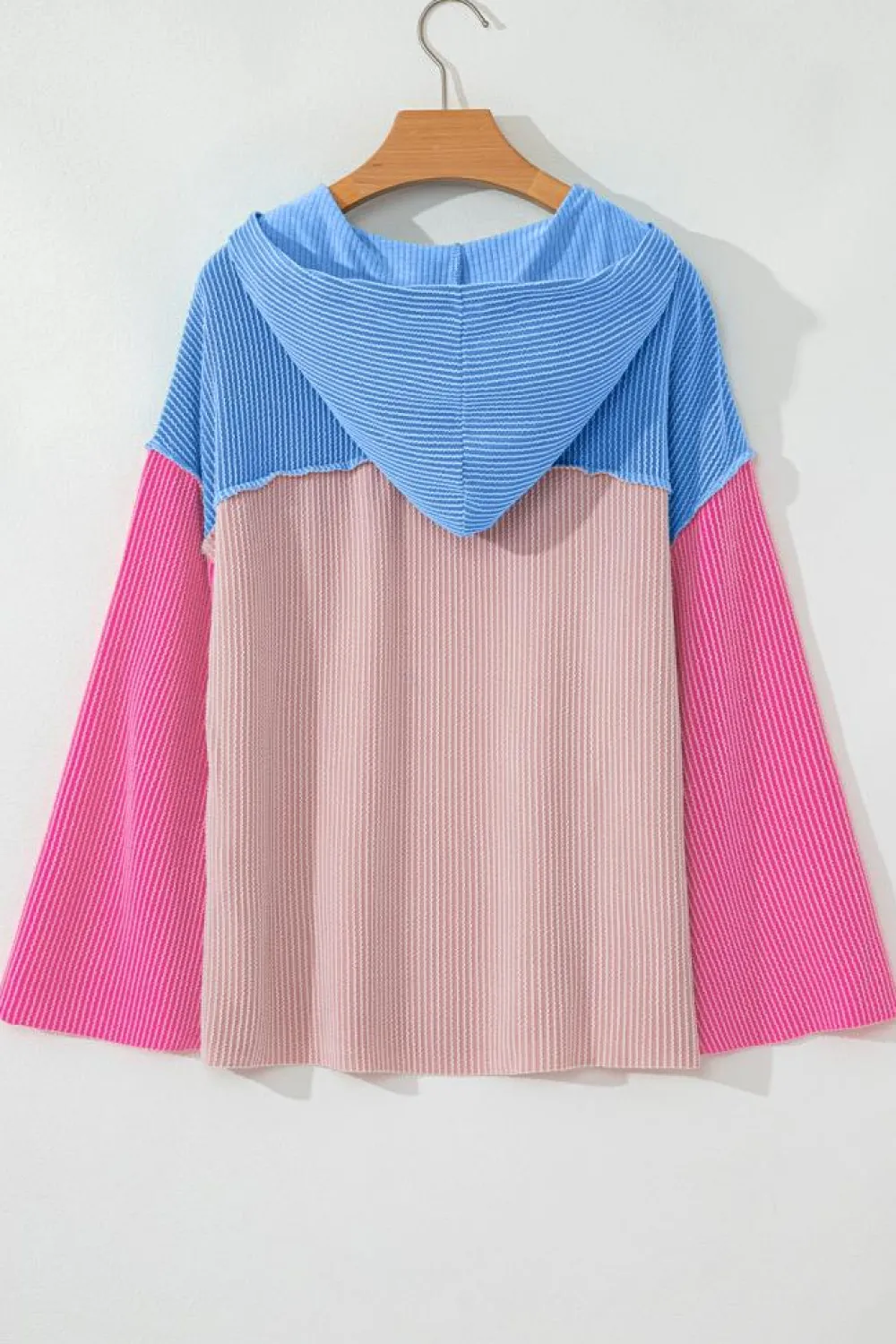 Sale Dear-Lover Color Block Patchwork Corded Knit Loose Fit Hooded Blouse Pink