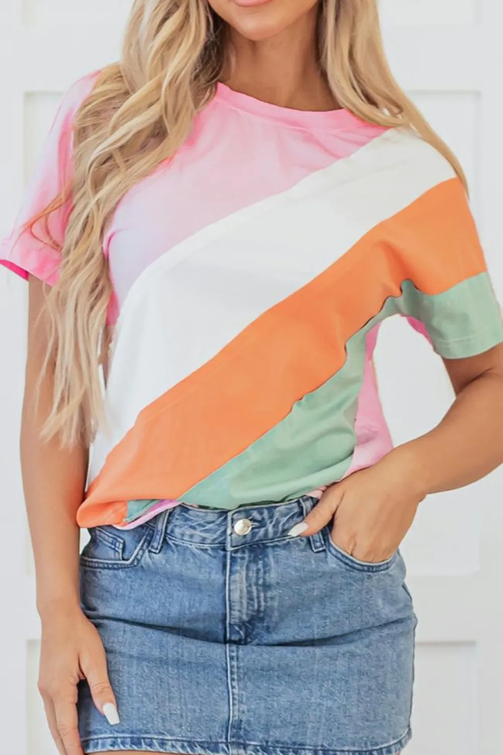 Online Dear-Lover Color Block Patchwork Seamed Crewneck T Shirt Pink