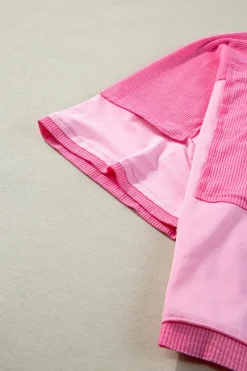 Outlet Dear-Lover Color Block Patchwork 3/4 Sleeve Loose Top Pink