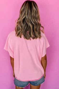 Online Dear-Lover Color Block Patchwork Seamed Crewneck T Shirt Pink
