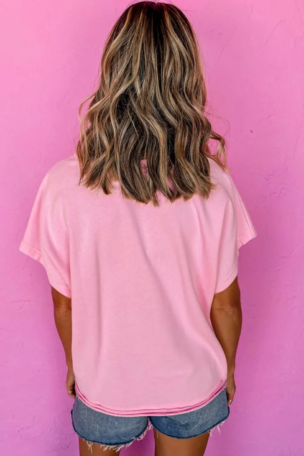 Online Dear-Lover Color Block Patchwork Seamed Crewneck T Shirt Pink