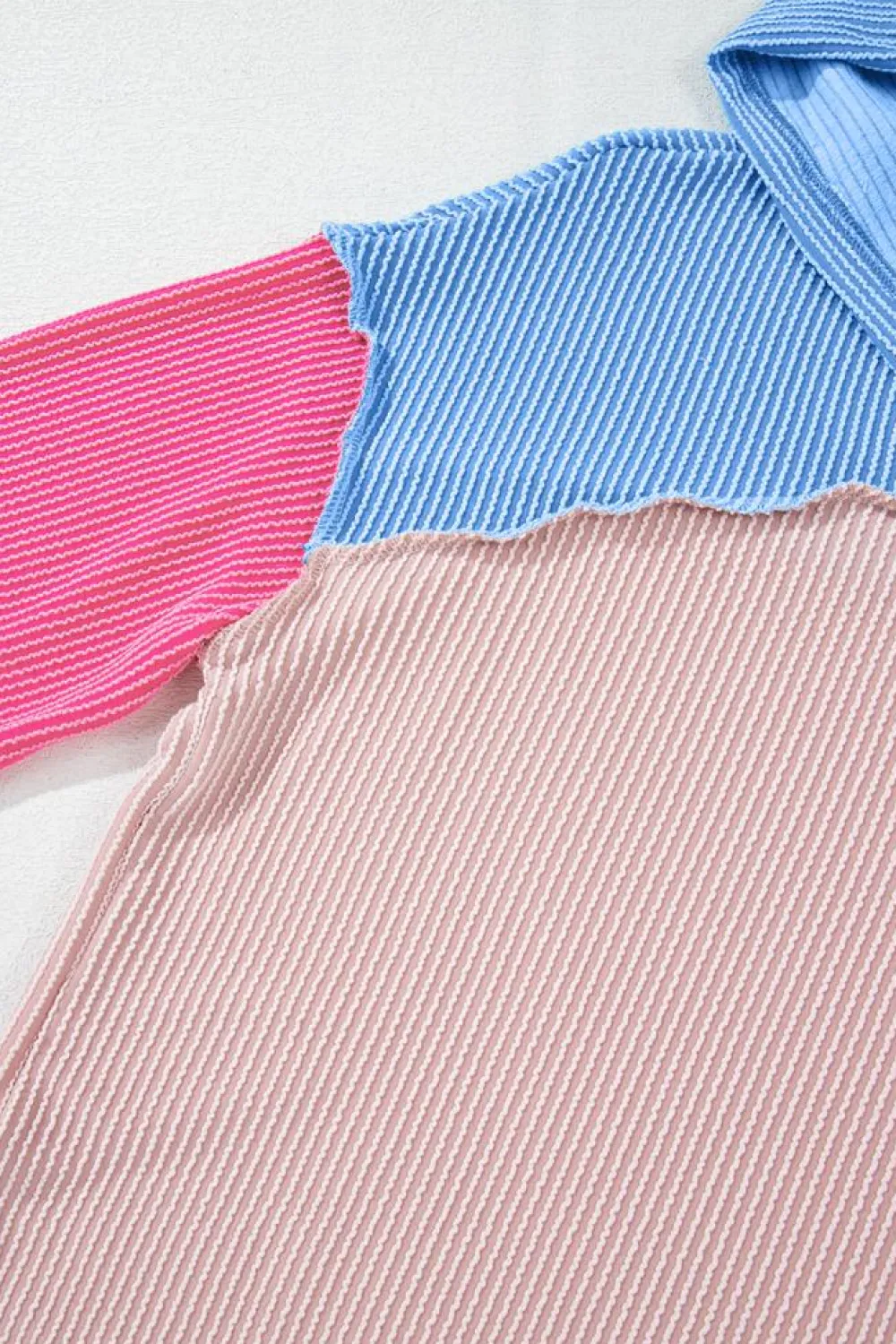 Sale Dear-Lover Color Block Patchwork Corded Knit Loose Fit Hooded Blouse Pink