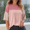 Outlet Dear-Lover Color Block Ribbed Side Slits Half Sleeve Top Pink