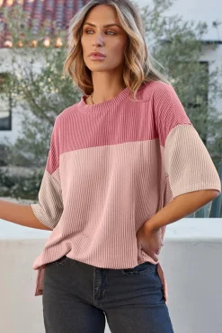 Outlet Dear-Lover Color Block Ribbed Side Slits Half Sleeve Top Pink