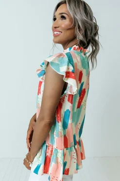 Best Dear-Lover Color Block Ruffled Mock Neck Ruffled Top Pink