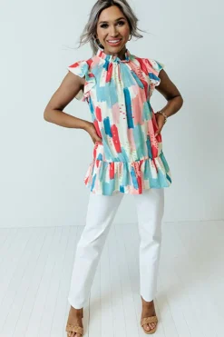 Best Dear-Lover Color Block Ruffled Mock Neck Ruffled Top Pink