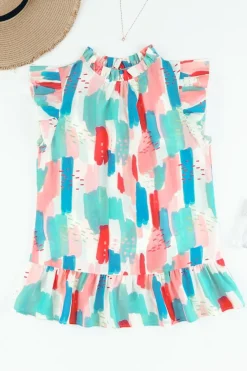 Best Dear-Lover Color Block Ruffled Mock Neck Ruffled Top Pink