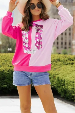 Sale Dear-Lover Color Block Sequined Cowgirl Boots Graphic Sweatshirt Pink