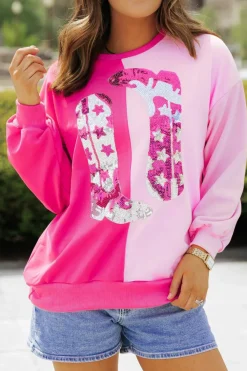 Sale Dear-Lover Color Block Sequined Cowgirl Boots Graphic Sweatshirt Pink