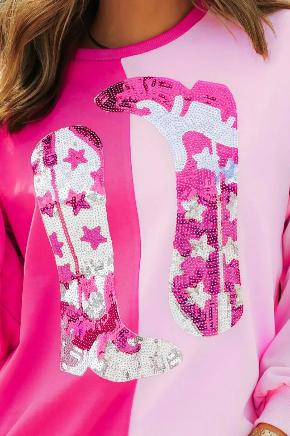 Sale Dear-Lover Color Block Sequined Cowgirl Boots Graphic Sweatshirt Pink
