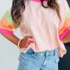 Online Dear-Lover Color Block Stitching Sleeve Round Neck Oversize Top Pink