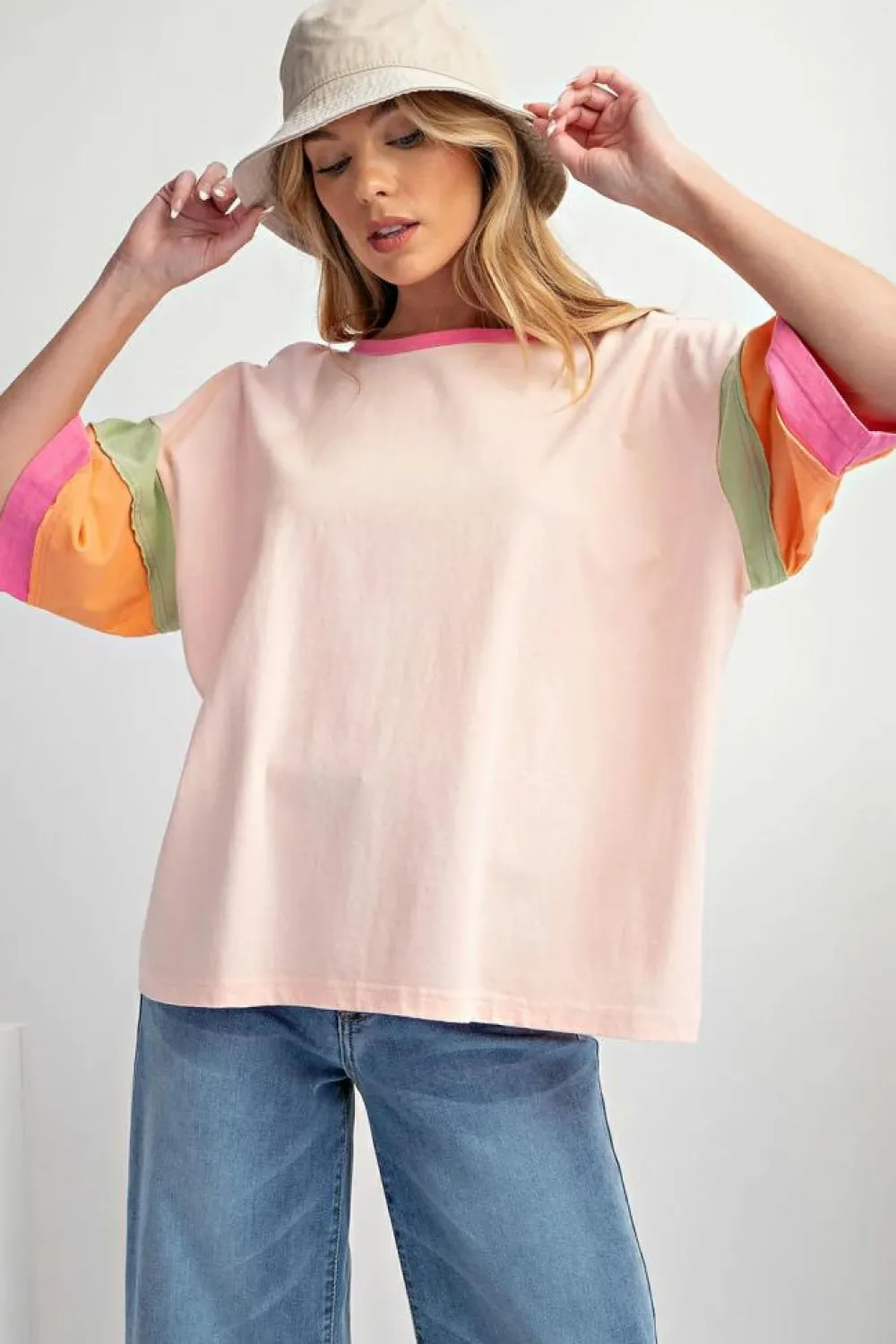 Online Dear-Lover Color Block Stitching Sleeve Round Neck Oversize Top Pink