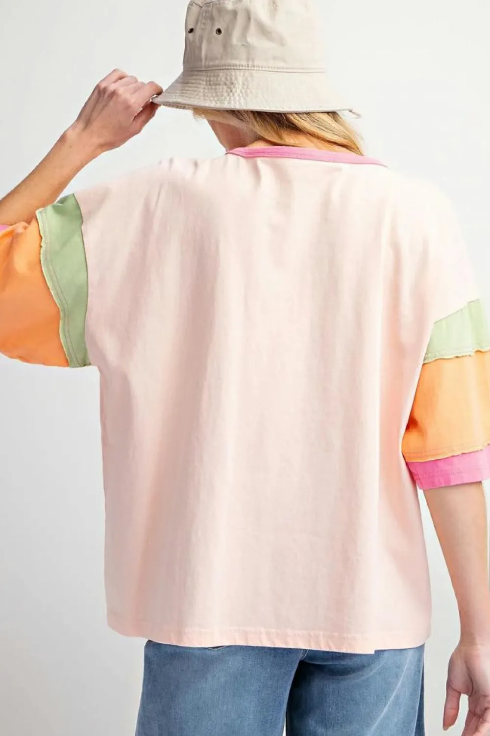 Online Dear-Lover Color Block Stitching Sleeve Round Neck Oversize Top Pink