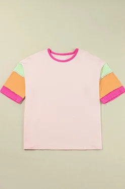 Online Dear-Lover Color Block Stitching Sleeve Round Neck Oversize Top Pink