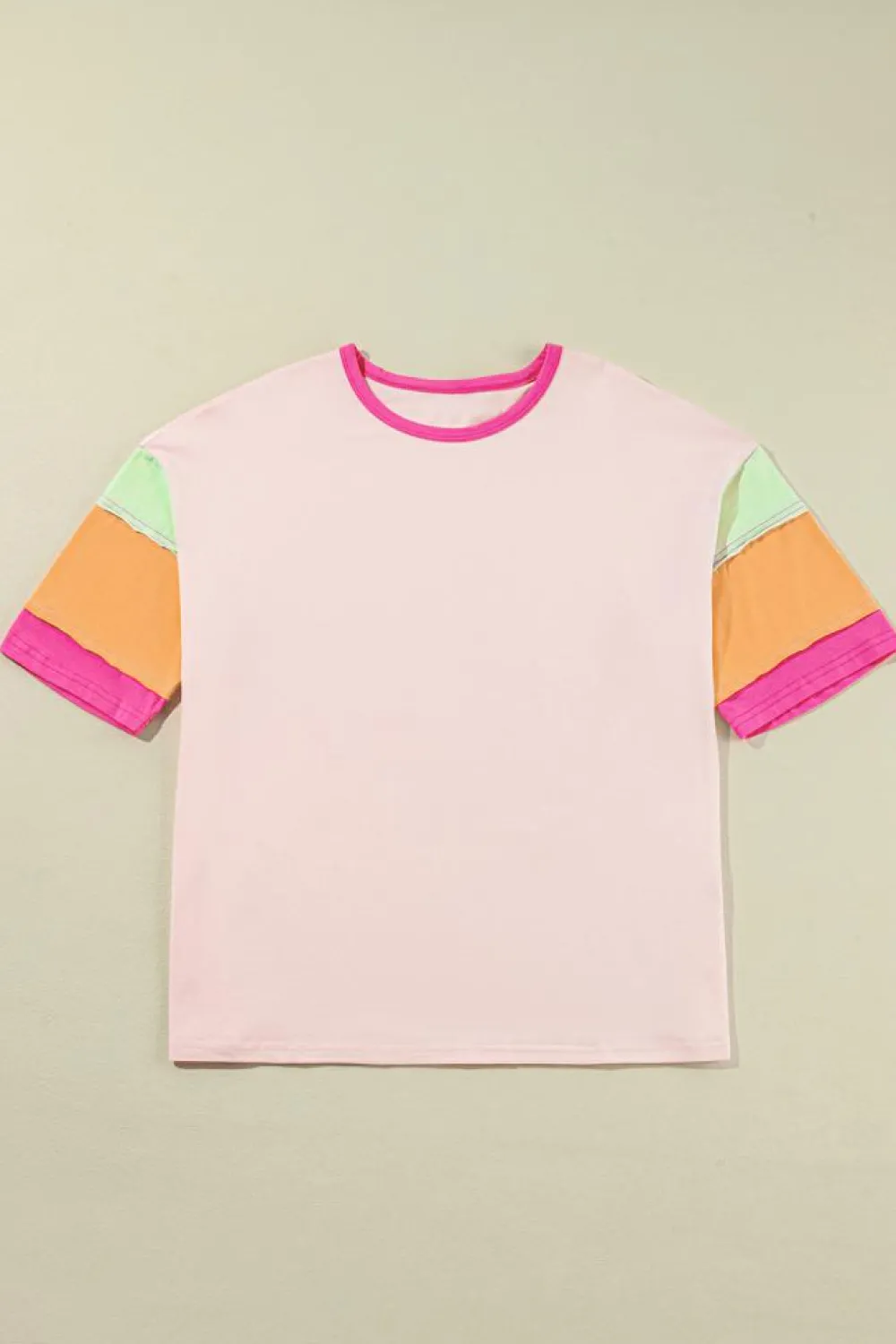 Online Dear-Lover Color Block Stitching Sleeve Round Neck Oversize Top Pink