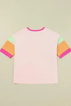 Online Dear-Lover Color Block Stitching Sleeve Round Neck Oversize Top Pink